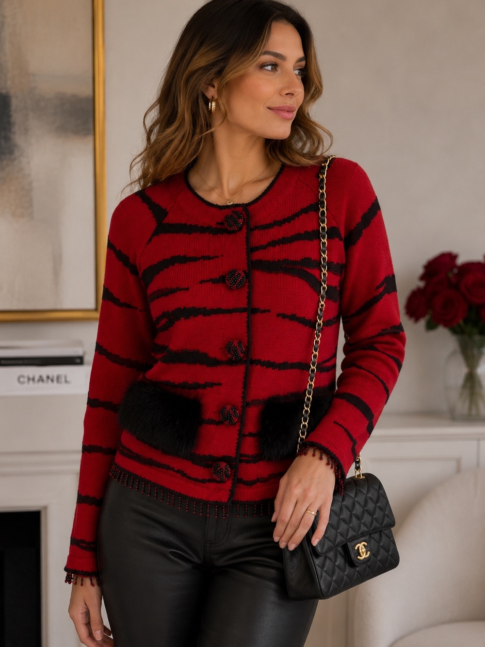 Vintage Y2K Berek Red Black Knit Beaded Cardigan Feather Pockets Large cotton